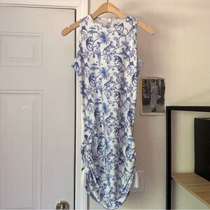 AKOSHA blue white ribbed animal jungle leopard tropical ruched mini swim dress